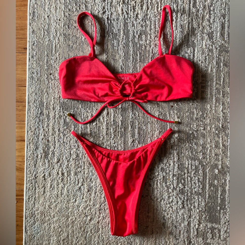 NWOT Sommer Swimwear Bikini Bandeau Top & Cheeky Thong Bottom Red Small